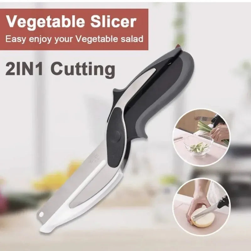 2 in 1 Multipurpose Vegetable Slicer & Fruit Cutter Knife with Built-in Cutting Board