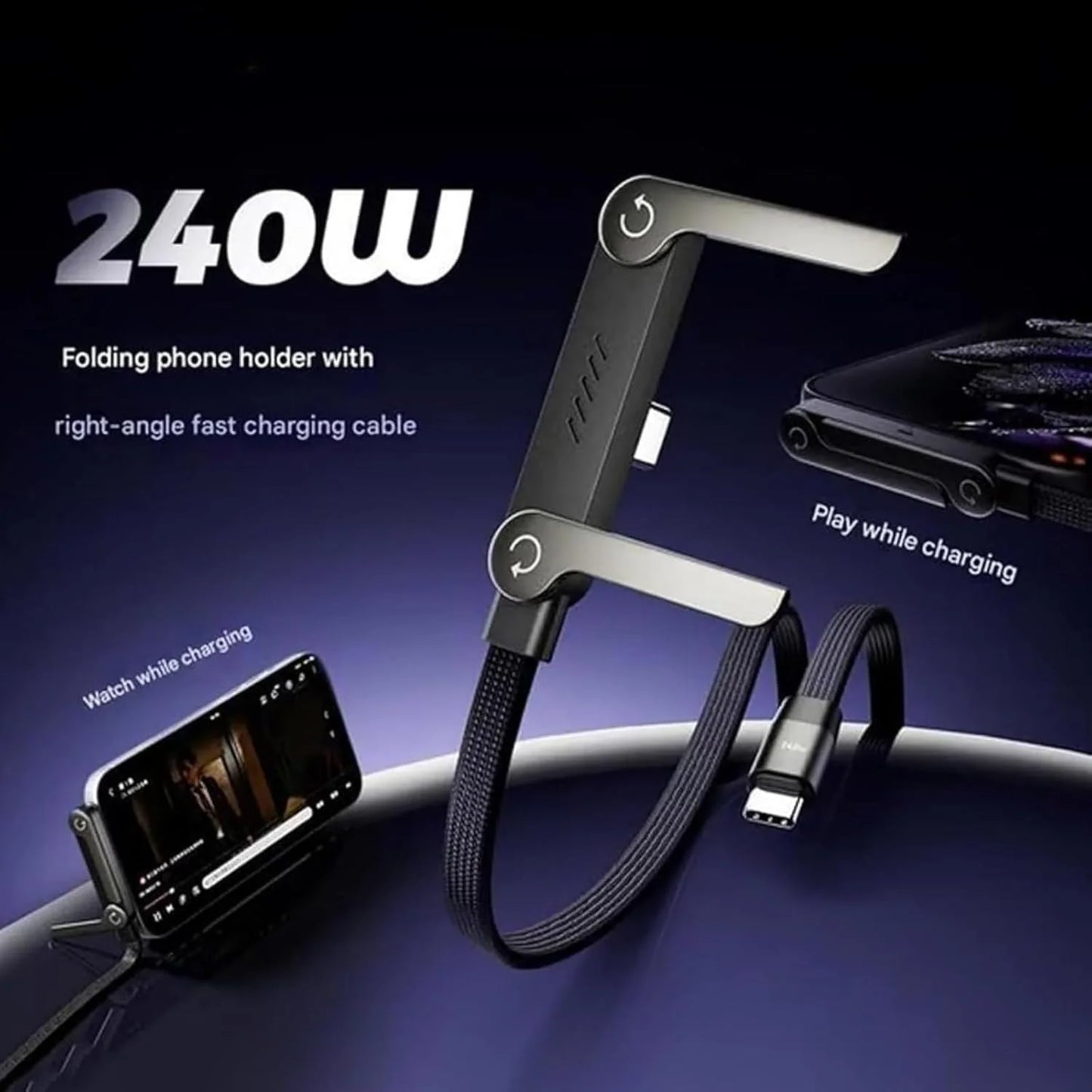 240W Type C Fast Charging Cable with Invisible Holder – 2-in-1 Mobile Stand Cable